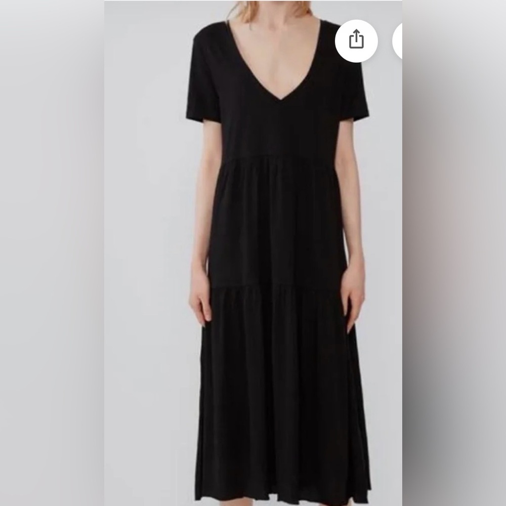 ZARA Casual Beach Resort 100% Cotton V-Neck Tiered Short SLV Black Midi Dress L
